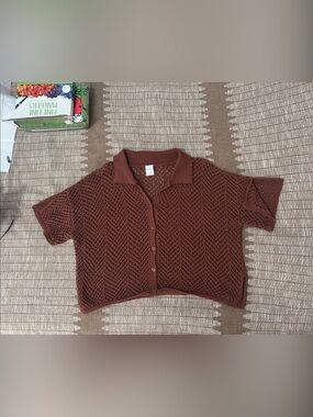 wild fable Rust Brown Cropped Crochet Button-Down Shirt